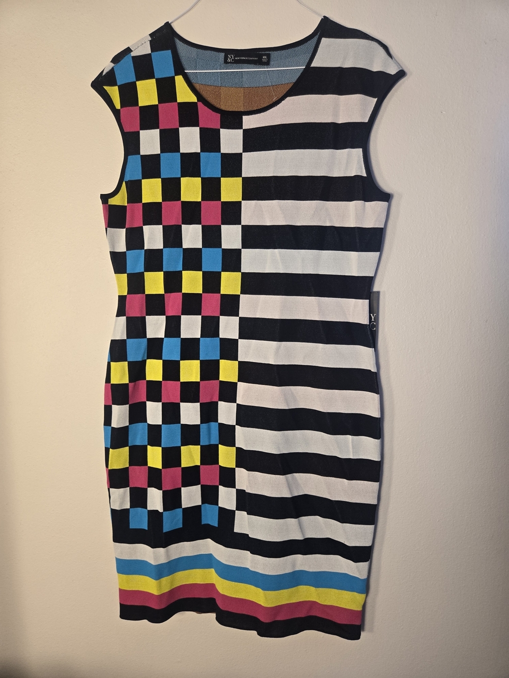 NYC Multicolor Checkerboard & Black-White Striped Midi Dress